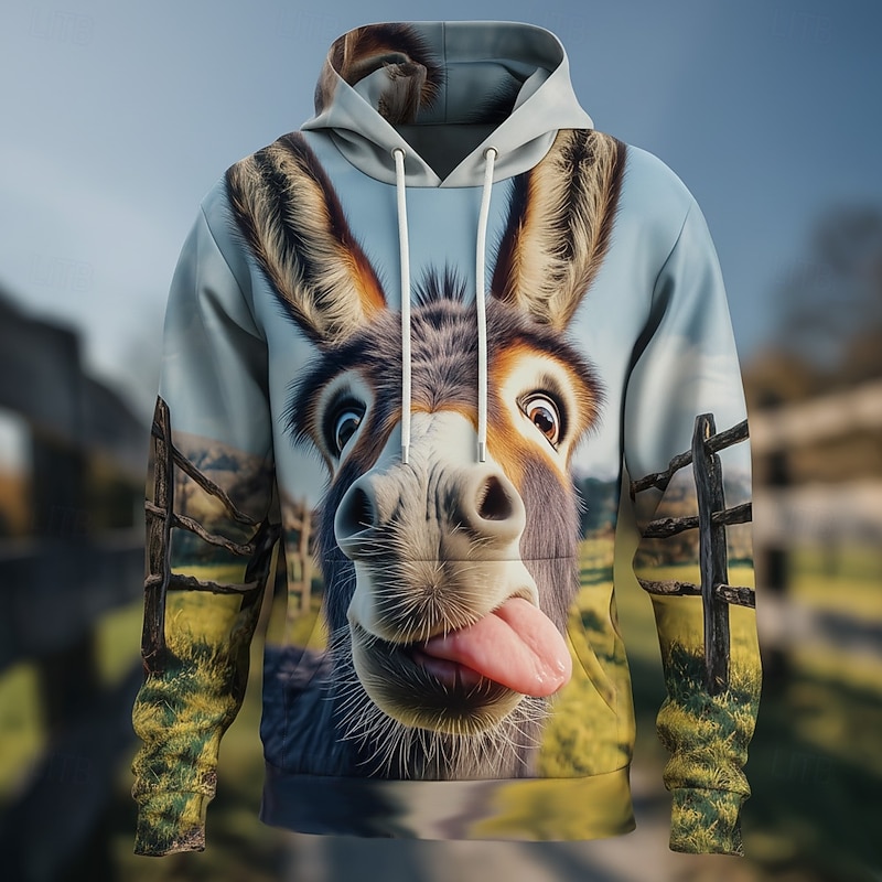 Men's Optical Illusion Donkey Hoodie Sweatshirt Fashion Cool Crew Neck Home Party Streetwear Blue 1 Blue 2# Drawstring Fall Winter Designer