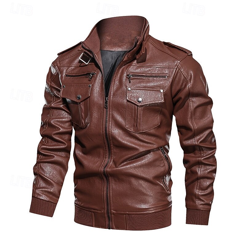 Men's Faux Leather Jacket Biker Jacket Motorcycle Jacket Vacation Daily Windproof Pocket Spring Fall Plain Fashion Classic Stand Collar Regular Black Brown Jacket4