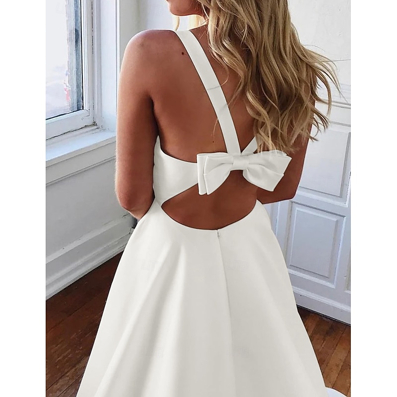 Casual Simple Wedding Dresses A-Line V Neck Sleeveless Sweep / Brush Train Satin Bridal Gowns With Pocket2