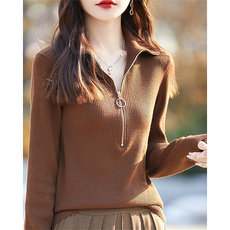 Women's Sweater Casual Soft Pure Color Ribbed Half Zip Knitted Long Sleeve Regular Tops Knit Outdoor Daily Weekend Light Brown Fall Winter