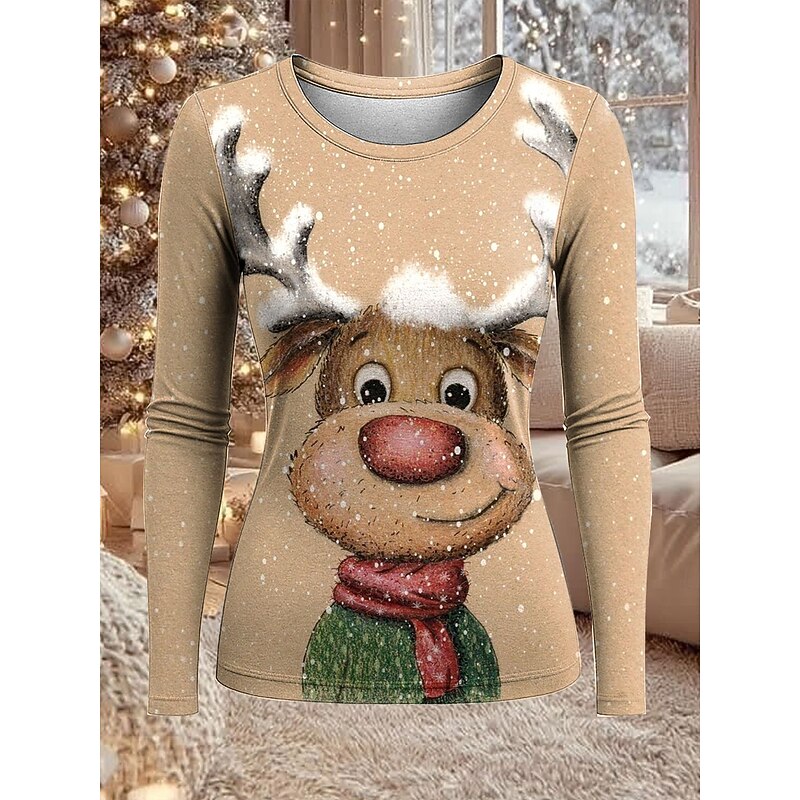 Christmas Women's T Shirt Graphic Reindeer Vintage Fashion Stylish Long Sleeve Crew Neck Regular Tops Daily Weekend Print Pink Red Blue Khaki Spring Fall Winter3