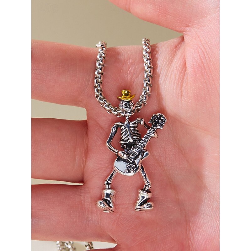 Men's Halloween Skull Guitar Pendant Necklace, Rock Punk Style Metal Chain Jewelry, Suitable for Parties, Concerts and Nightlife3