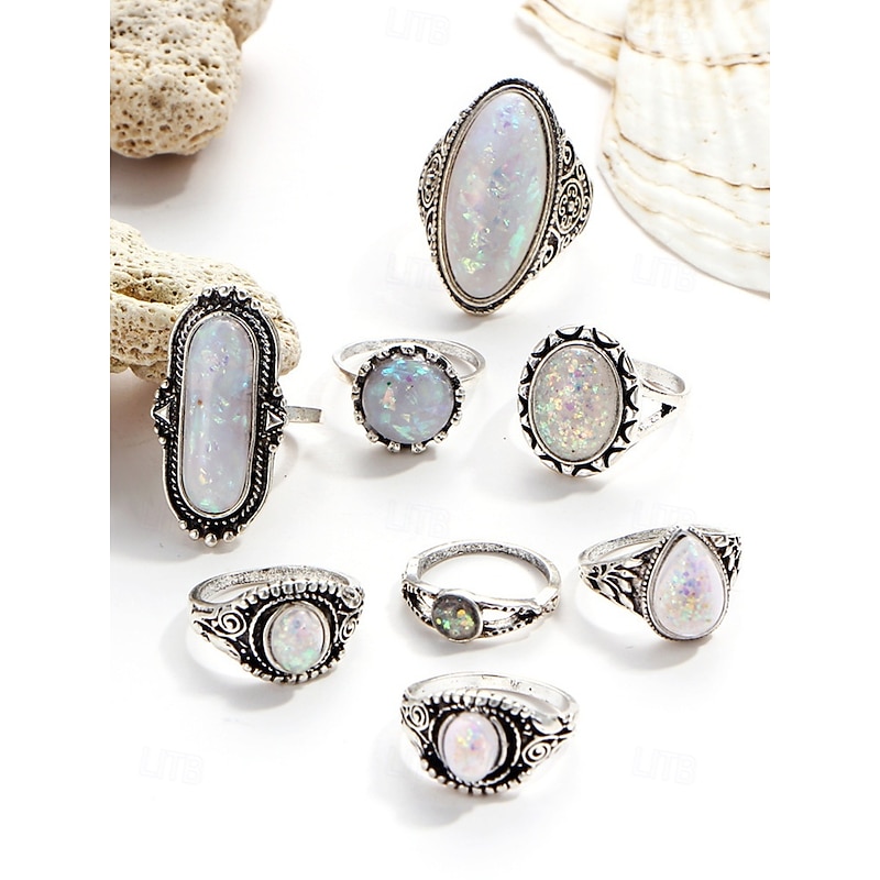 Women's Vintage Opal Ring Set, Bohemian Silver-Plated Adjustable Rings Jewelry for Parties, Weddings and Daily Wear4
