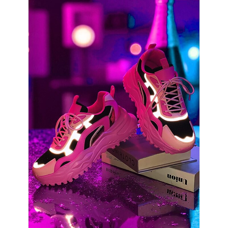Women's Pink Reflective Chunky Sneakers – Nightlife Party Sport Shoes for Streetwear, Dance and Festival Outfits3
