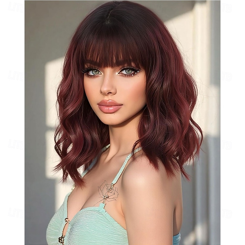Synthetic Bob Wig with Bangs for Women Burgundy Synthetic Heat Resistant Loose Curly Wavy Wig Short Wine Red Glueless Bob Wig Everyday Hairstyle