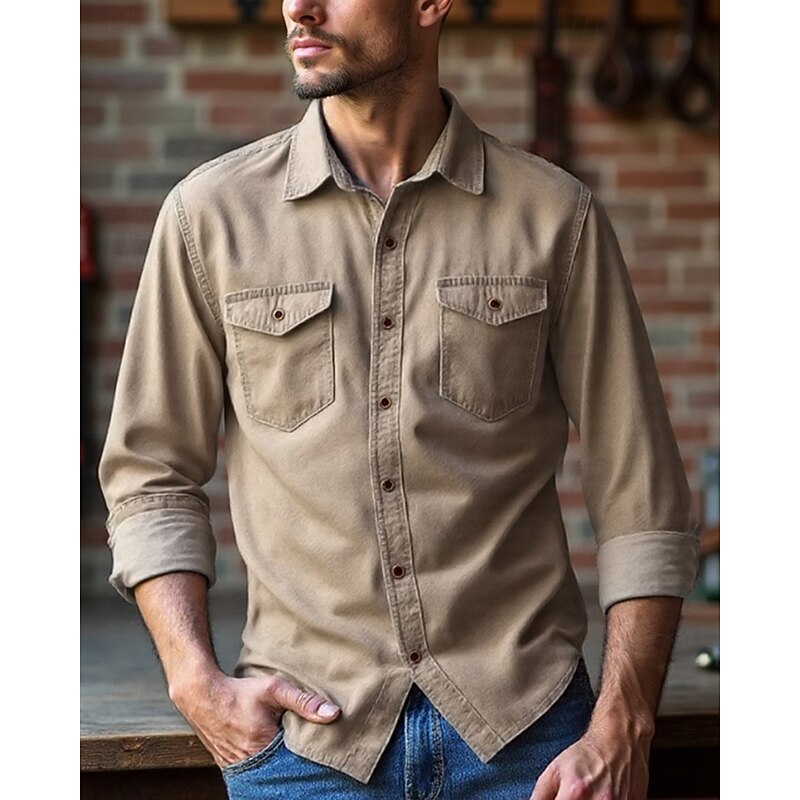 Men's Shirt Summer Shirt Casual Shirt Beach Shirt Button Up Shirt Black khaki Gray Light Blue Long Sleeve Plain Lapel Vacation Hawaiian Front Pocket Clothing Apparel Fashion Casual Comfortable
