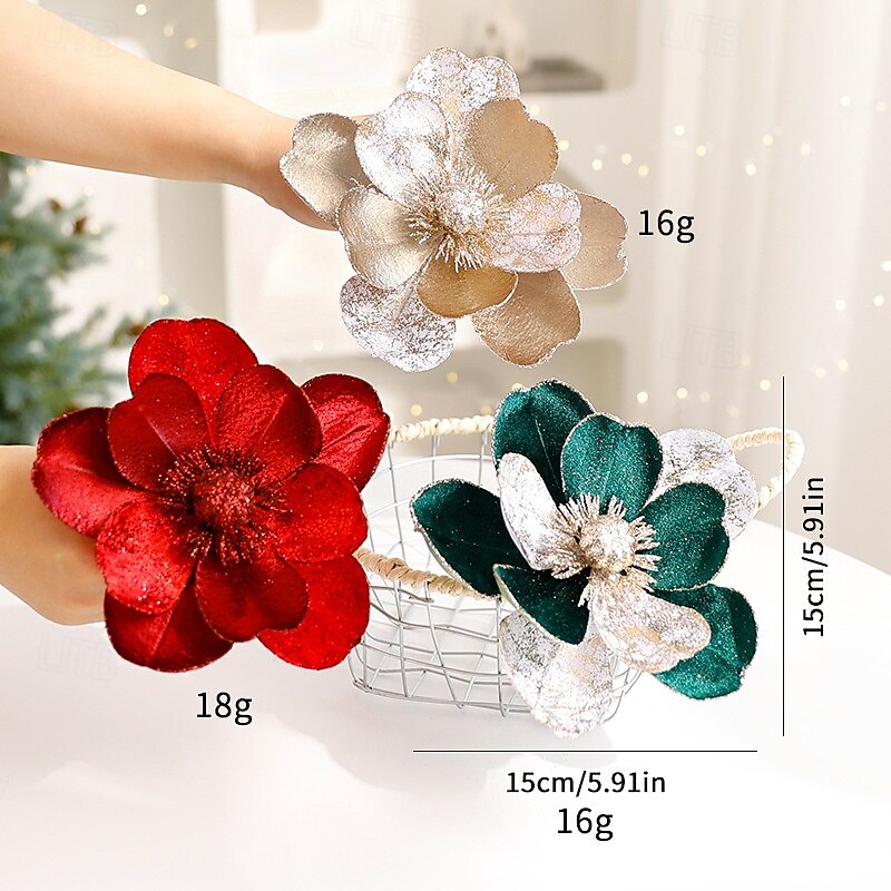 3 Pack Christmas Artificial Flowers 15CM Velvet Poinsettia Ornaments DIY European Style Xmas Tree Decorations Floral Picks3