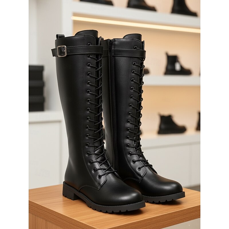 Women's Black Lace-Up Combat Boots with Buckle Detail and Zipper, Rugged Urban Fashion Footwear for Modern Outfits
