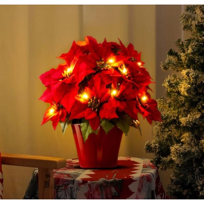 Poinsettia Flowers LED, Artificial Poinsettias Plants, Fake Poinsettias Arrangements Indoor Outdoor Christmas Poinsettia Flowers Decoration Xmas Gift
