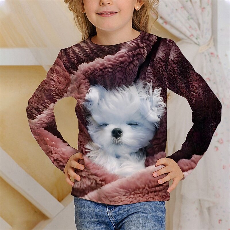 Girls' 3D Dog T shirt Tee Long Sleeve Spring Fall Fashion Basic Kids 4-12 Years Crew Neck Outdoor Casual Daily Regular Fit2