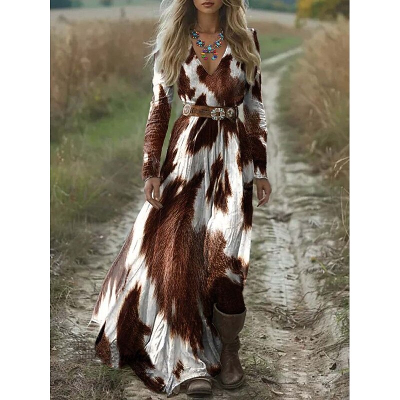 Women's Maxi Dress A Line Dress Pleated Dress Fit And Flare Dress Boho Date Going out Regular Fit Floral Graphic Animal Long Sleeve V Neck Blue Orange Brown Spring Fall Winter Autumn3