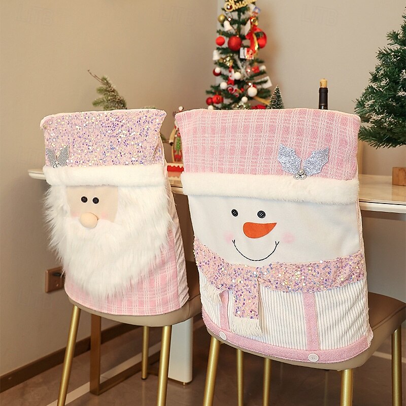 Pink Christmas Chair Covers, Santa Claus Plush Seat Covers for Dining Room and Home Decoration, Festive Holiday Chair Slipcovers for Xmas Party Decor4