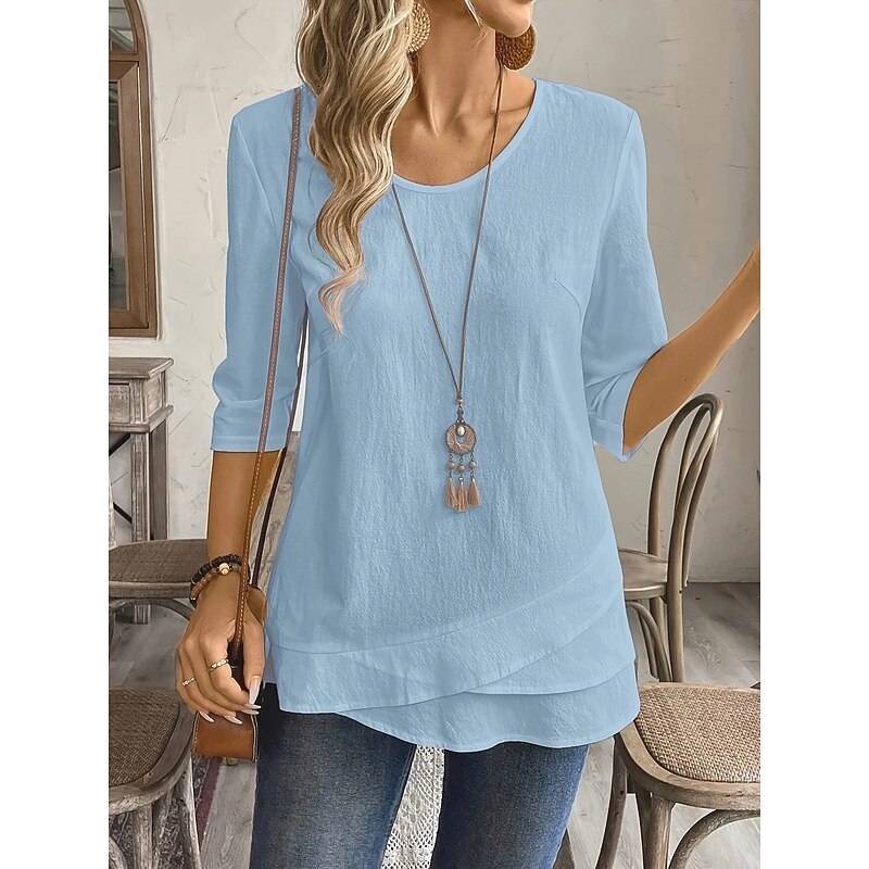 Women's Blouse Solid Color Vintage Tropical Stylish Half Sleeve Crew Neck Square Neck Scoop Neck Regular Tops Daily Ruffle White Pink Navy Blue Blue Green Spring Fall Winter3