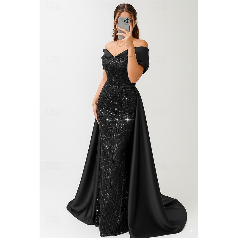 Red Black Sheath / Column Evening Gown Elegant Formal Dress Formal Wedding Floor Length Short Sleeve Off Shoulder Detachable Satin with Glitter Beading Sequin 20253