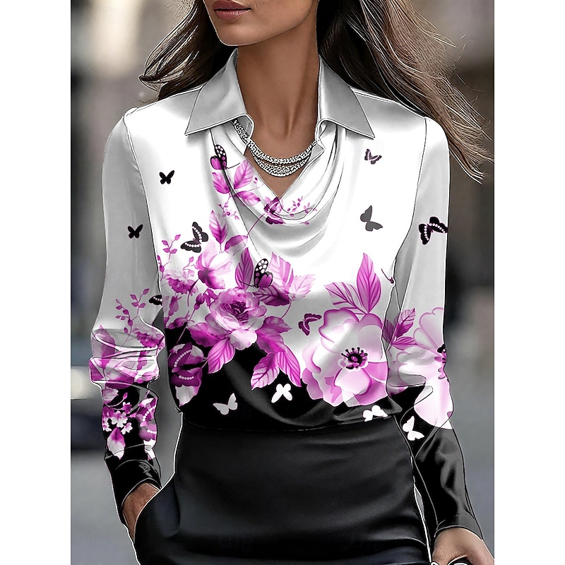 Women's Shirt Floral Graphic Elegant Stylish Casual Long Sleeve Cowl Neck Regular Tops Work Party Evening Wear Daily Ruched Draped Red Blue Purple Green Gray Summer Fall3