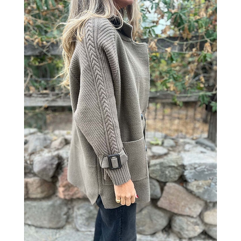 Women's Sweater Cardigan Streetwear Casual Solid Color Shirt Collar Pocket Buttons Flared sleeves Long Sleeve Long Tops Knit Daily Holiday Going out Black White Fall Winter2