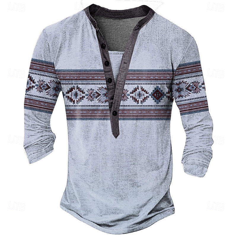 Men's Aztec Ethnic T Shirt Henley Shirt Long Sleeve Vintage Designer Retro Vintage Street Casual Daily Summer Spring Fall Light Gray Blue Green Khaki Henley Henley T-Shirt2