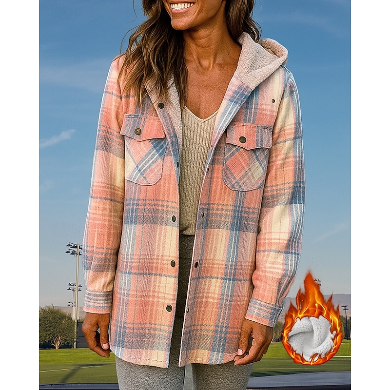 Women's Lounge Coat Fleece Shirt Jacket with Pockets Long Sleeve Top Athleisure Fall Plaid Checkered Windproof Thick Warm Outdoor Travel Vacation Sportswear Activewear Black White Yellow