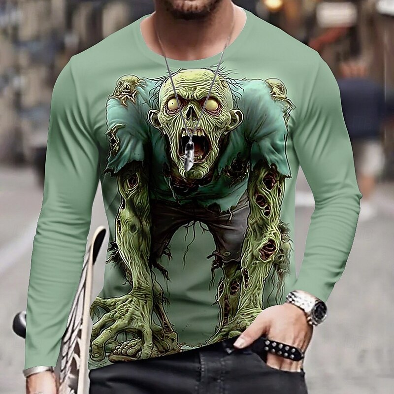 Halloween Men's Optical Illusion Zombies 3D T Shirt Long Sleeve T shirt 3D Print Crew Neck Shirt Fashion Exaggerated Street Casual Daily Light Blue Light Green Green Summer Spring Fall Clothing