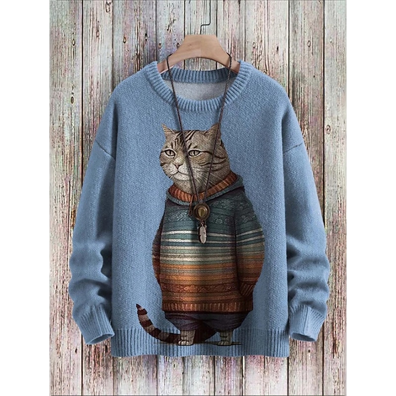 Women's Sweater Cute Casual Soft Animal Ribbed Crew Neck Knitted Print Long Sleeve Regular Tops Knit Outdoor Daily Weekend Blue Brown Fall Winter3