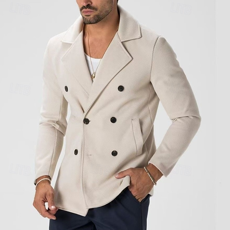 Men's Peacoat Trench Coat Vacation Daily Fall Winter Polyester Windproof Wearable Outerwear Clothing Apparel Fashion Classic Plain Pocket Lapel Double Breasted