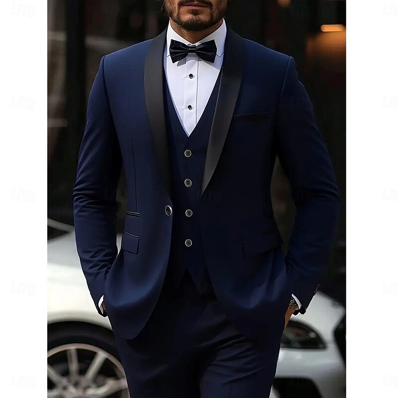 Men's Wedding Business Party Suits Shawl Lapel Black Burgundy Formal Solid Colored Slim Fit 3 Piece Single Breasted One-button