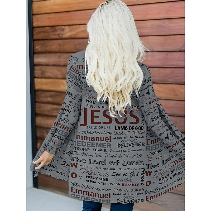 Women's Winter Coat Trench Coat Lightweight Comfortable Print Open Front Vintage Fashion Casual Letter Vacation Casual Long Collarless Regular Fit Long Sleeve Outerwear White Gray Spring Fall2