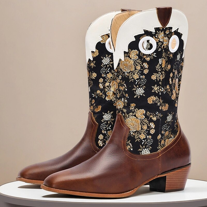 Men's Cowboy Boots with Golden Floral Embroidery – Classic Western Style Mid-Calf Pull-On Shoes for Rodeo, Country Concerts and Outdoor Events