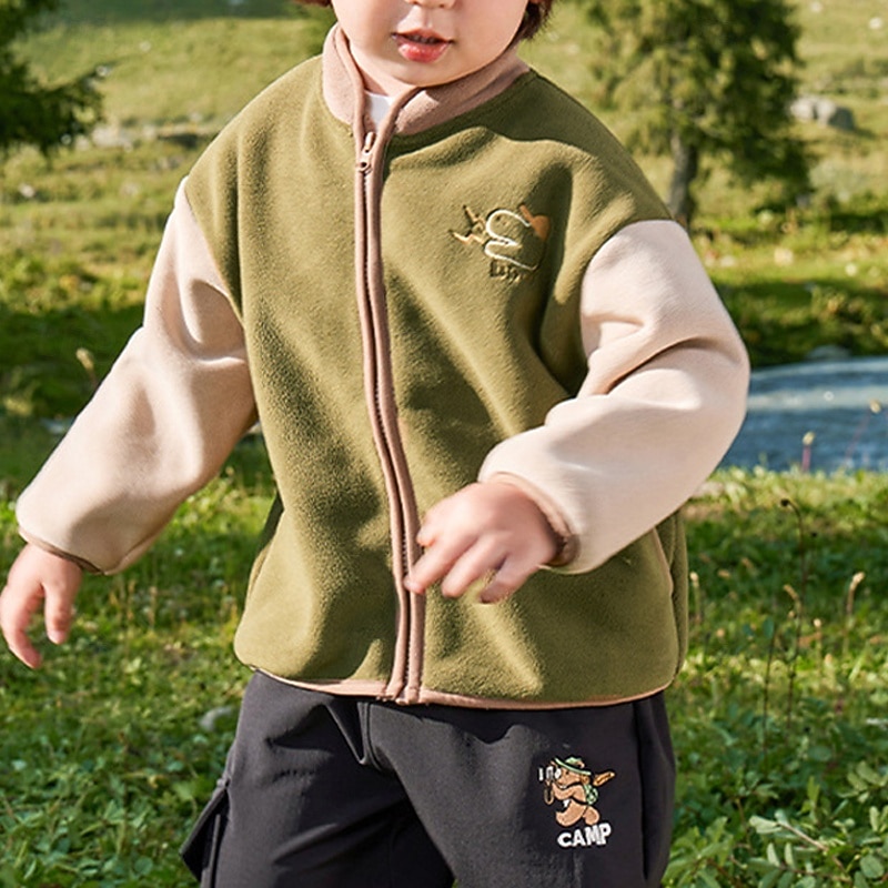 Kids Unisex Fleece Jacket Baseball Jackets Outerwear Color Block Long Sleeve Comfort Buttons Keep Warm Soft Fleece Coat Outdoor Fashion Daily Blue Green Gray Spring Fall 4 years+2