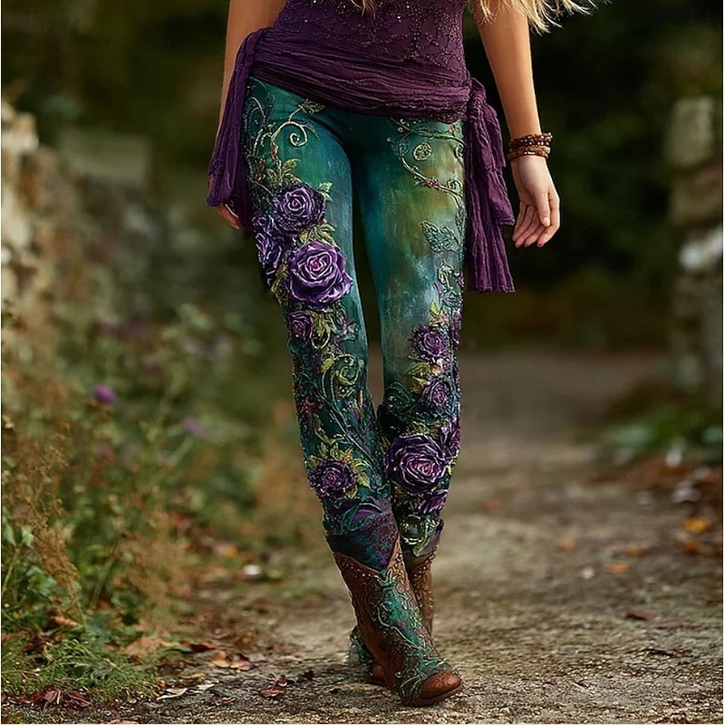 Women's Leggings Vacation Vintage Fashion Full Length High Waist Floral Graphic Leaf Printing Thermal Warm Soft Breathable Stretchy Formal Vacation Street Violet Green Spring Fall Winter Slim Fit2