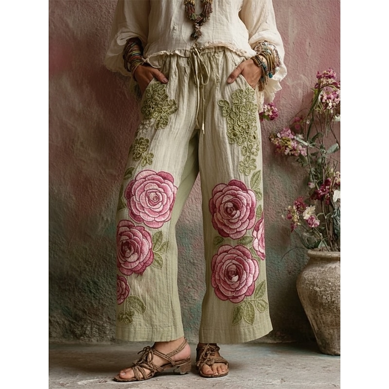Women's Pants Trousers Straight Vacation Vintage Ethnic Style Full Length Mid Waist Floral Pocket Elastic Waist Print Comfy Breathability Micro-elastic Outdoor Vacation Street Green Summer Spring Fall