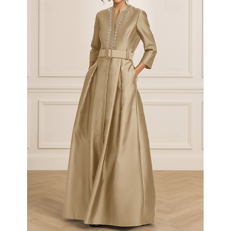 Black A-Line Evening Gown Elegant Formal Dress Formal Wedding Floor Length 3/4 Length Sleeve V Neck Stretch Satin with Crystals 20254