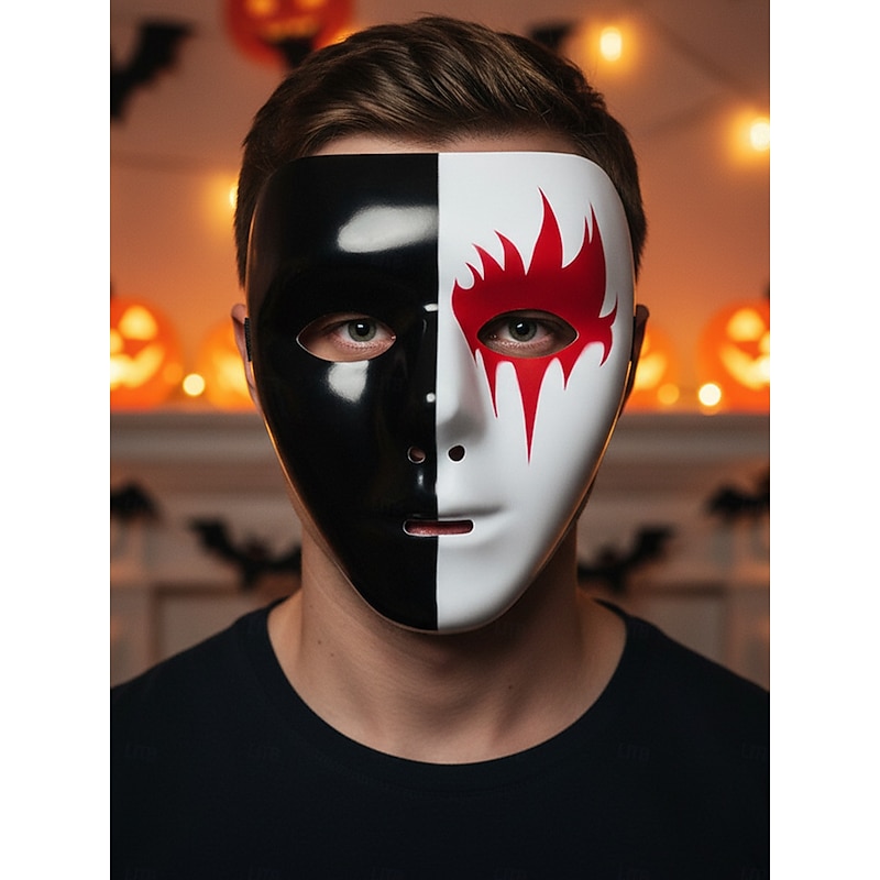 Men's Halloween Half Face Mask - Black and White Phantom Costume Accessory with Red Flame Design for Party and Cosplay