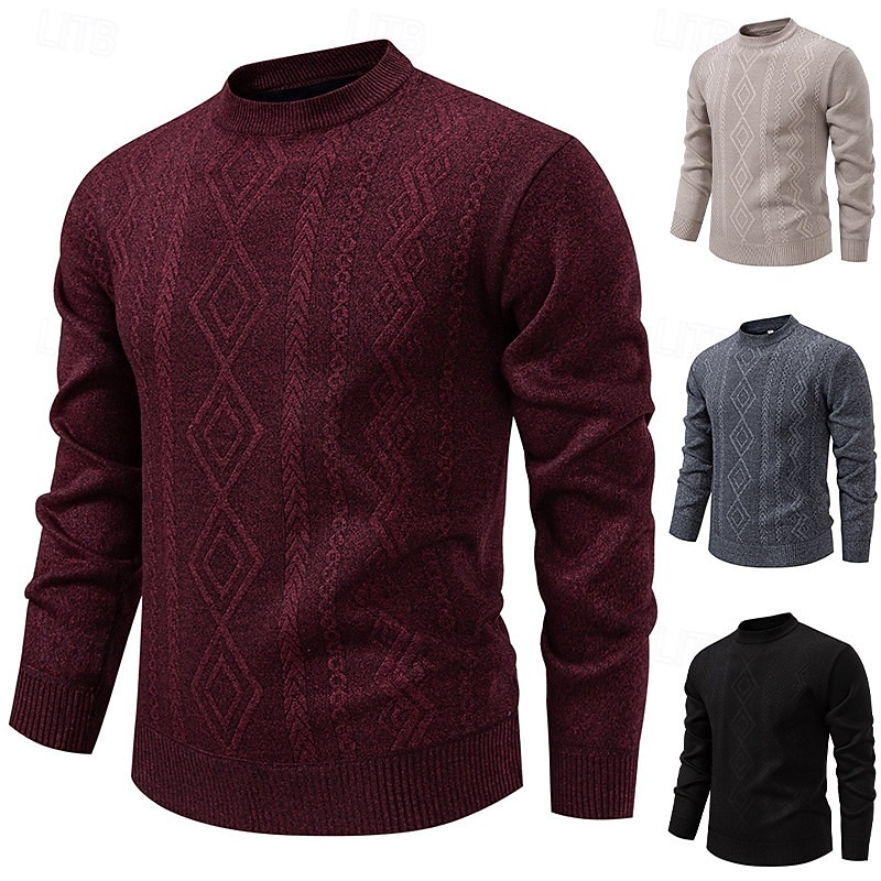 Men's Sweater Pullover Sweater Jumper Ribbed Knit Regular Tops Knitted Slim Fit Plain Crew Neck Knitwear Contemporary Casual Daily Wear Clothing Apparel Fall Black Burgundy L XL 2XL