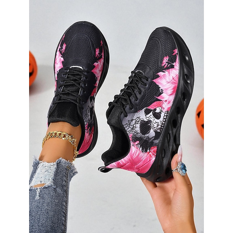 Women's Skull Print Sneakers – Gothic Halloween Casual Running Shoes for Party, Streetwear and Festivals