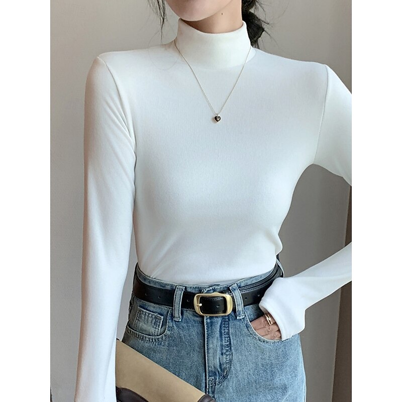 Women's Blouse Solid Color Elegant Stylish Basic Long Sleeve Turtleneck Regular Tops Daily Black White Yellow Red Purple Fall Winter2
