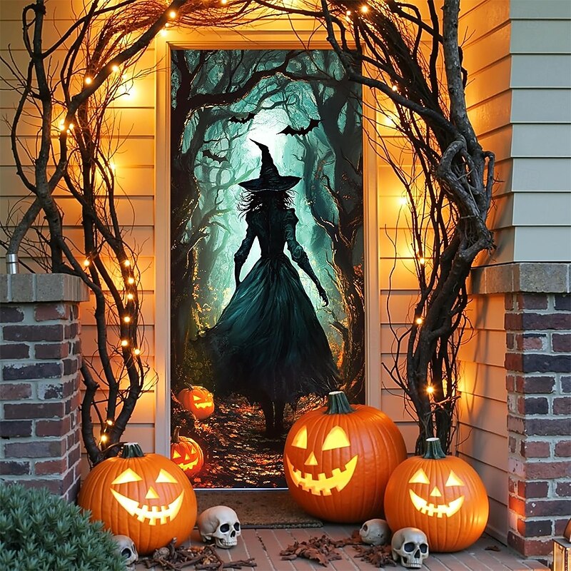 Halloween Door Cover Outdoor Banners Skeleton Witch Psychedelic Dark Punk Gothic Style Party Outdoor Shooting Backgrounds Front Door Wall Porch Home Decor4