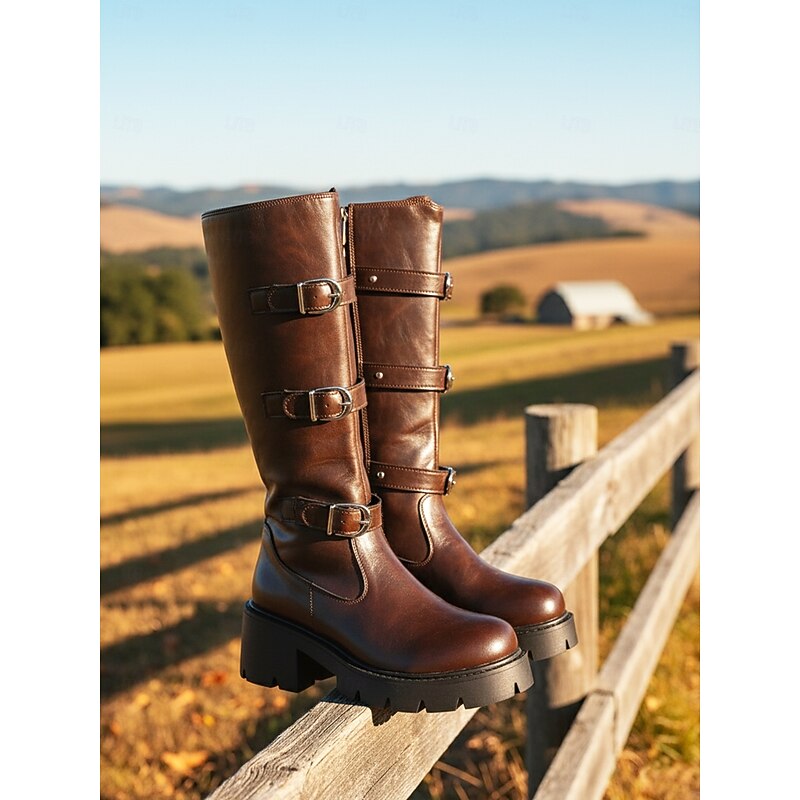 Women's Boots Riding Boots Outdoor Daily Knee High Boots Buckle Platform Chunky Heel Round Toe Western Walking Faux Leather Buckle Black Brown3