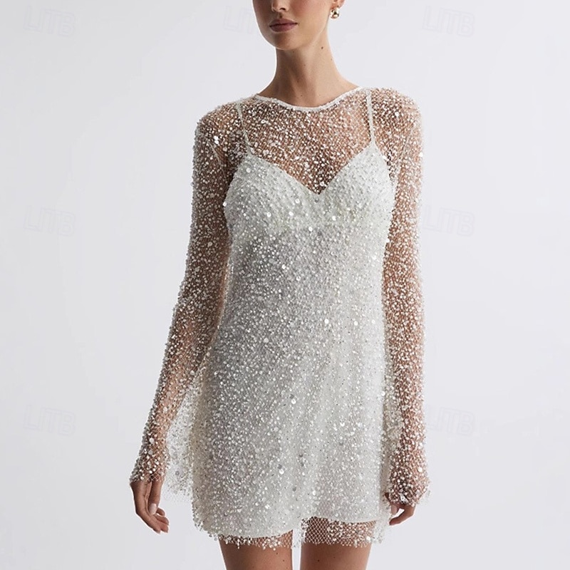 Women's Mini Dress Sequin Dress Casual Dress Cocktail Dress Dress Set Fashion Modern Daily Beach Weekend Regular Fit Plain Long Sleeve Crew Neck Black White Dark Green Apricot Summer Spring4