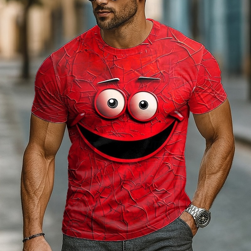 Men's Optical Illusion 3D Funny Emotes T Shirt Short Sleeve T shirt 3D Print Crew Neck Shirt Exaggerated Designer Party Daily Holiday Red Blue Green Summer Spring All Seasons Clothing Apparel S M L2