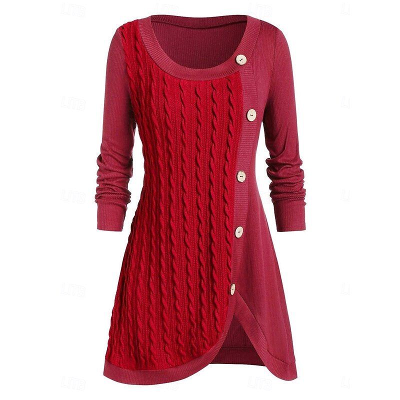 Women's Sweater Casual Soft Pure Color Ribbed Crew Neck Buttons Knitted Long Sleeve Long Tops Knit Outdoor Daily Weekend Pink Red Fall Winter