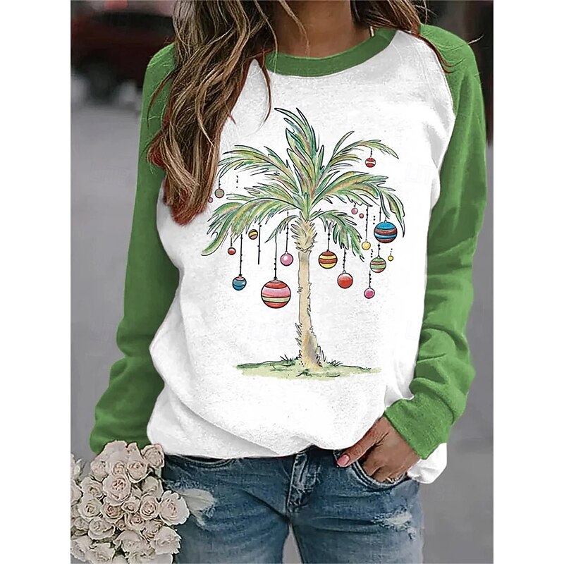 Women's Pullover Graphic Christmas Tree Casual Long Sleeve Crew Neck Regular Tops Casual Holiday Pink Red Green Spring Fall Winter