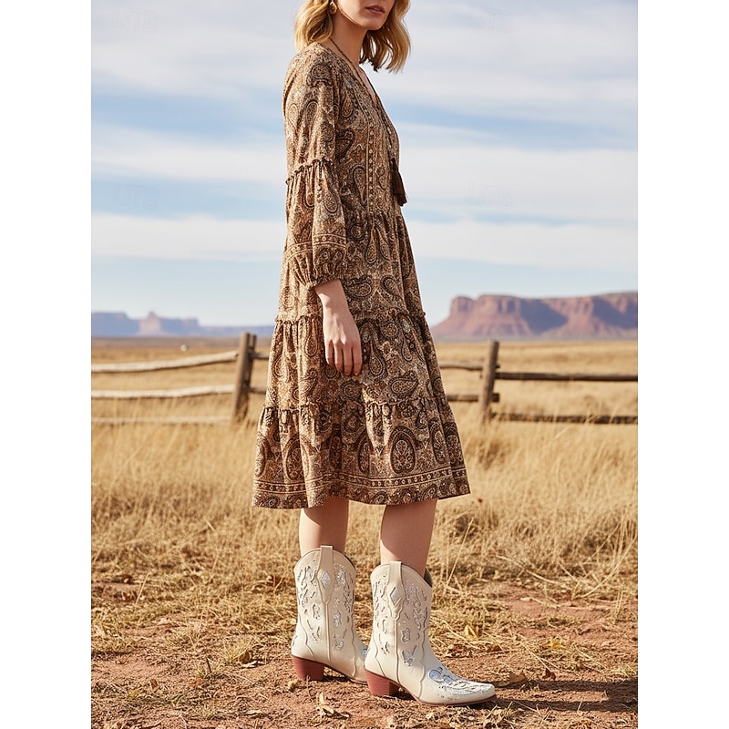 Women's Dark Brown Short Western Cowboy Boots with White Embroidered Patterns, Pointed Toe and Low Heel for Country Dance and Casual Outfits2