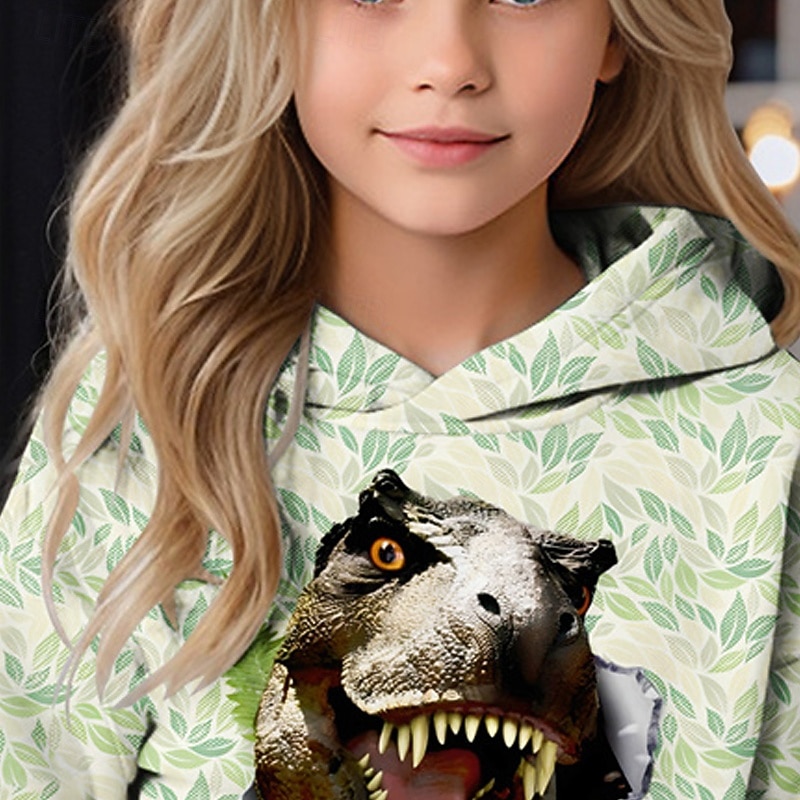 Girls' 3D Leaf Dinosaur Hoodie Long Sleeve Fall Winter Fashion Adorable Basic Kids 4-12 Years Hooded Outdoor Casual Daily Regular Fit2