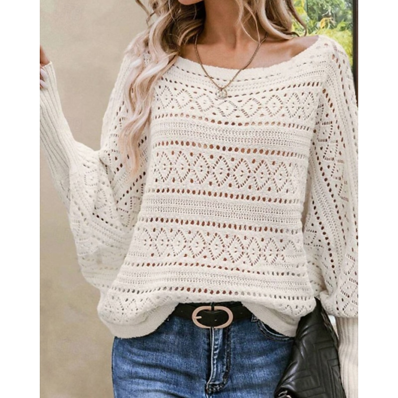 Women's Sweater Pullover Streetwear Casual Solid Color Off Shoulder Hollow Out Knitted Batwing Sleeve Long Sleeve Regular Tops Knit Daily Going out Weekend Beige Fall Winter2