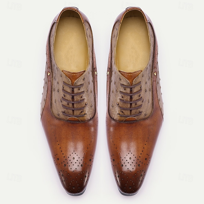 Men's Two-Tone Brown Oxford Shoes – Classic Genuine Leather Brogue Design, Breathable Lace-Up Dress Shoes for Office, Weddings and Formal Events4