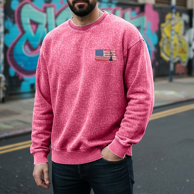 Men's Sweatshirt Distressed Hoodie Apricot Black Pink Army Green Brown Crew Neck American Flag Print Daily Holiday Going out 100% Cotton Vintage Retro Casual Fall Winter Clothing Apparel Hoodies2