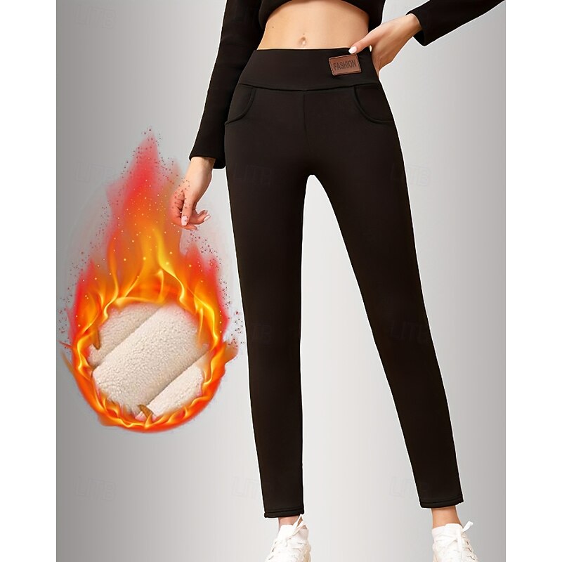 Women's Chinos Leggings Cozy Fleece Lined Casual Full Length Medium Waist Plain Elastic Waist Warm Comfortable Stretchy Outdoor Vacation Daily claret Dark-Gray Black Dark Navy Fall Winter Regular Fit3