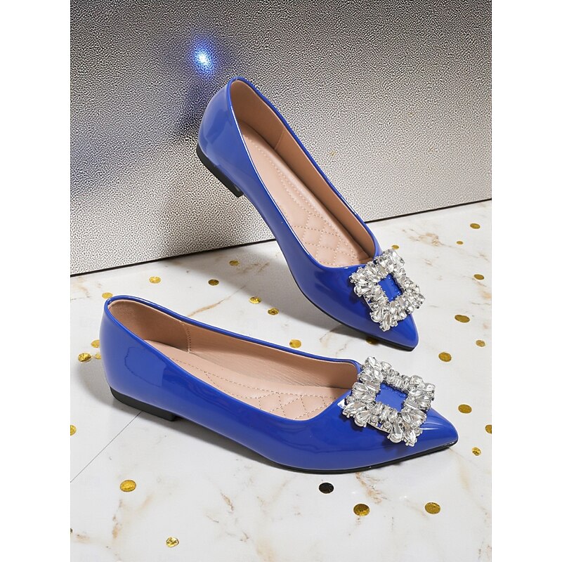 Women's Blue Patent Leather Pointed Toe Pumps with Rhinestone Buckle - Elegant Cocktail Party and Formal Occasion Shoes4