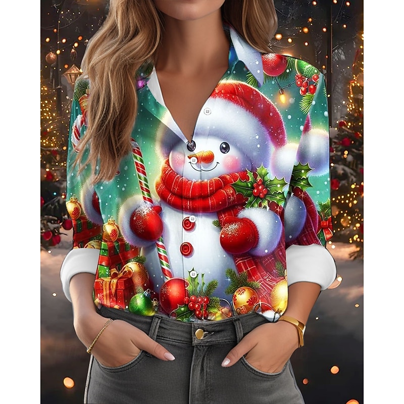 Christmas Women's Shirt Graphic Santa Claus Elegant Vintage Tropical Long Sleeve Shirt Collar Regular Tops Work Daily Holiday Blue Green Gray Fall Winter3